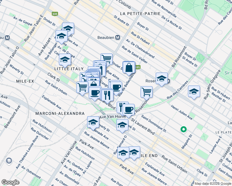 map of restaurants, bars, coffee shops, grocery stores, and more near 6230 Avenue Casgrain in Montréal