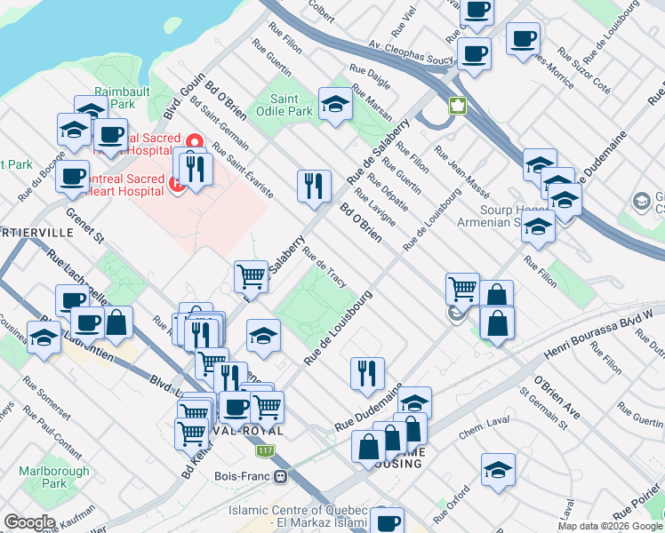 map of restaurants, bars, coffee shops, grocery stores, and more near 11925 Rue de Tracy in Montréal