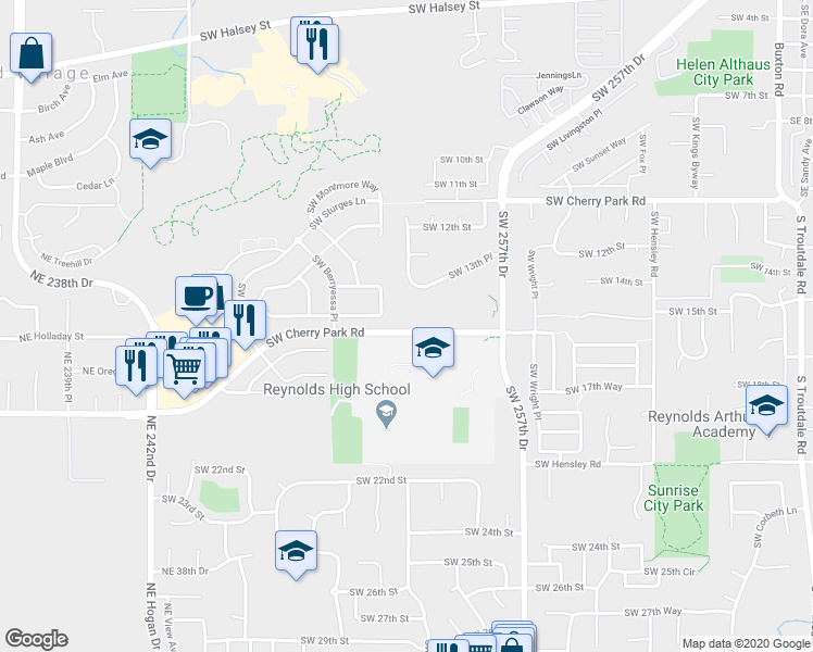 map of restaurants, bars, coffee shops, grocery stores, and more near 1659 Southwest Cherry Park Road in Troutdale