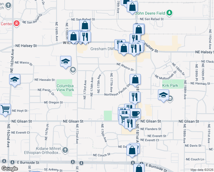 map of restaurants, bars, coffee shops, grocery stores, and more near 17705 Northeast Pacific Street in Portland
