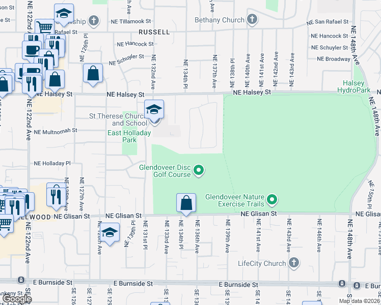 map of restaurants, bars, coffee shops, grocery stores, and more near 1021 Northeast 135th Avenue in Portland