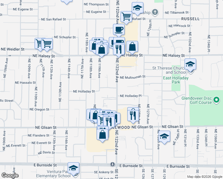 map of restaurants, bars, coffee shops, grocery stores, and more near 909 Northeast 122nd Avenue in Portland