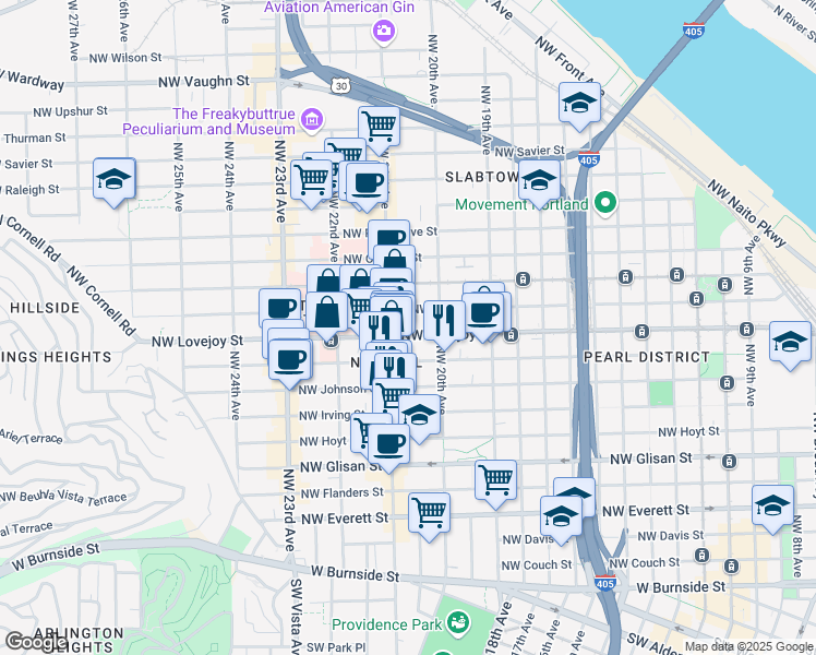 map of restaurants, bars, coffee shops, grocery stores, and more near 916 Northwest 21st Avenue in Portland
