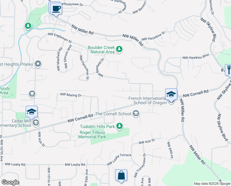 map of restaurants, bars, coffee shops, grocery stores, and more near 9285 Northwest Cornell Road in Portland