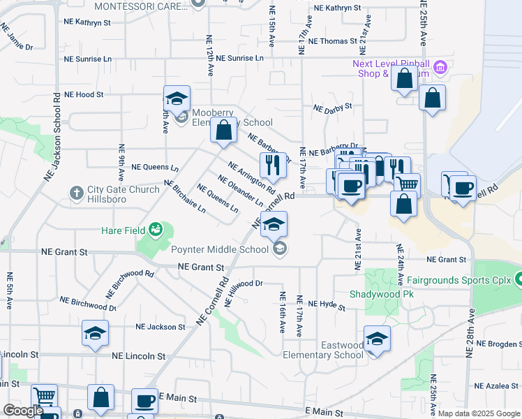 map of restaurants, bars, coffee shops, grocery stores, and more near 1490 Northeast Cornell Road in Hillsboro