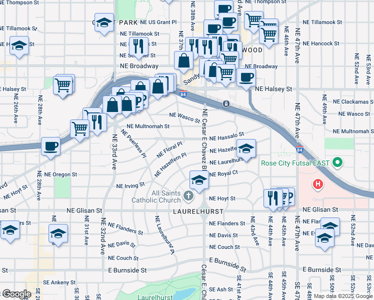 map of restaurants, bars, coffee shops, grocery stores, and more near 933 Northeast Hazelfern Place in Portland