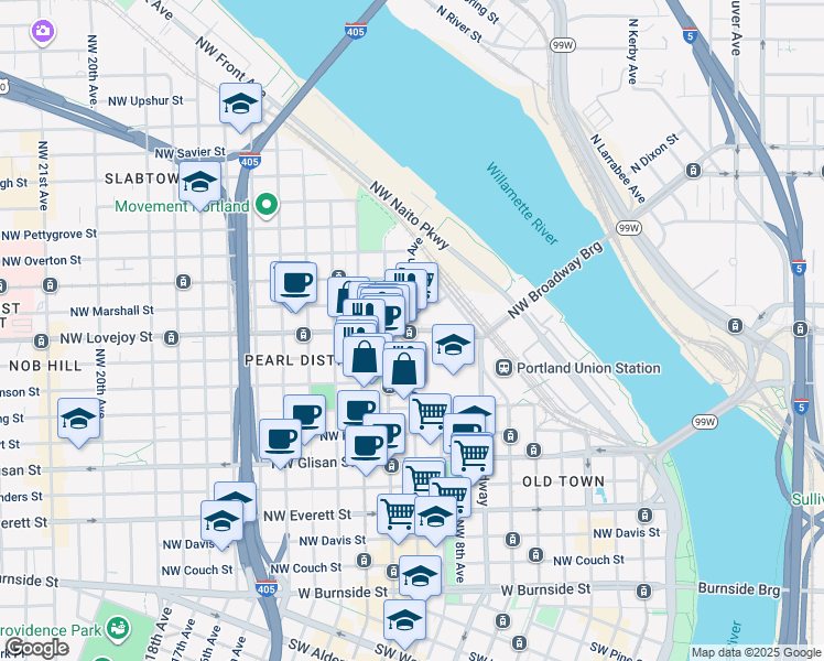 map of restaurants, bars, coffee shops, grocery stores, and more near in Portland