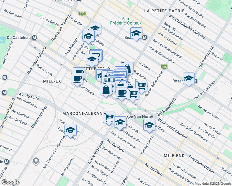 map of restaurants, bars, coffee shops, grocery stores, and more near 6430 Boulevard Saint-Laurent in Montréal