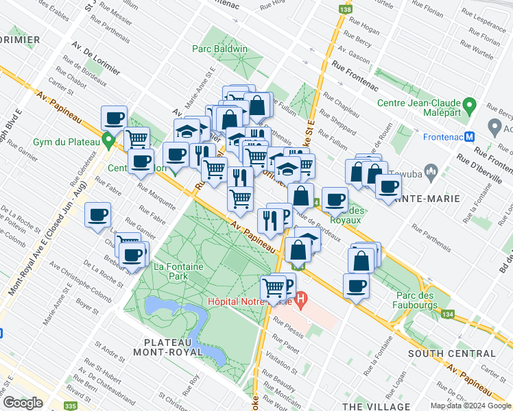 map of restaurants, bars, coffee shops, grocery stores, and more near 3550 Rue Dorion in Montréal
