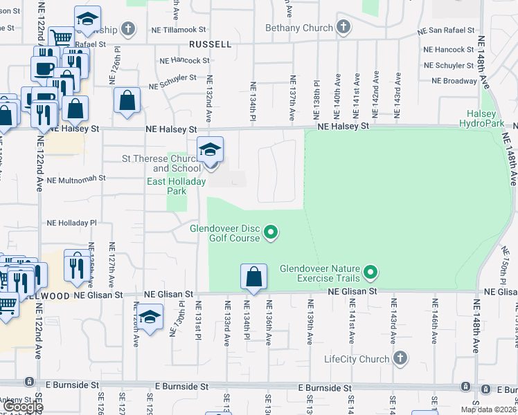 map of restaurants, bars, coffee shops, grocery stores, and more near 1021 Northeast 135th Avenue in Portland