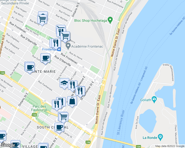 map of restaurants, bars, coffee shops, grocery stores, and more near 1430 B Rue Frontenac in Montréal