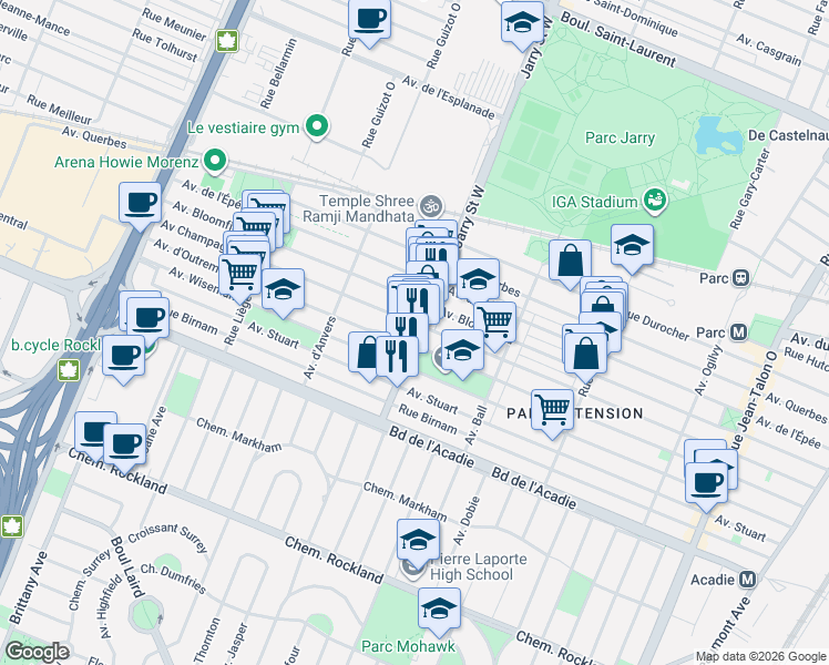 map of restaurants, bars, coffee shops, grocery stores, and more near 781 Rue Jarry Ouest in Montréal