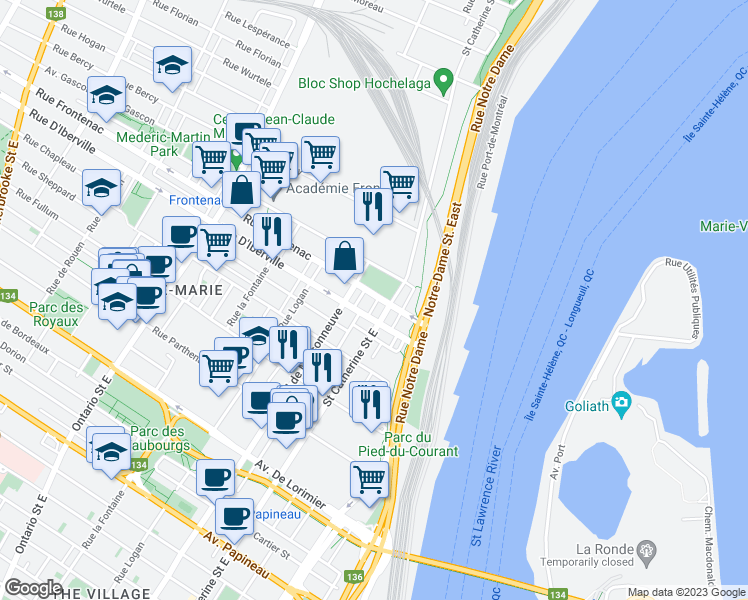map of restaurants, bars, coffee shops, grocery stores, and more near 1430 Rue Frontenac in Montréal
