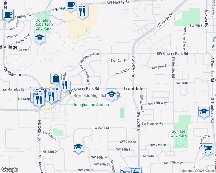 map of restaurants, bars, coffee shops, grocery stores, and more near 1667 Southwest Cherry Park Road in Troutdale