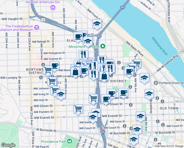 map of restaurants, bars, coffee shops, grocery stores, and more near 1611 Northwest Lovejoy Street in Portland