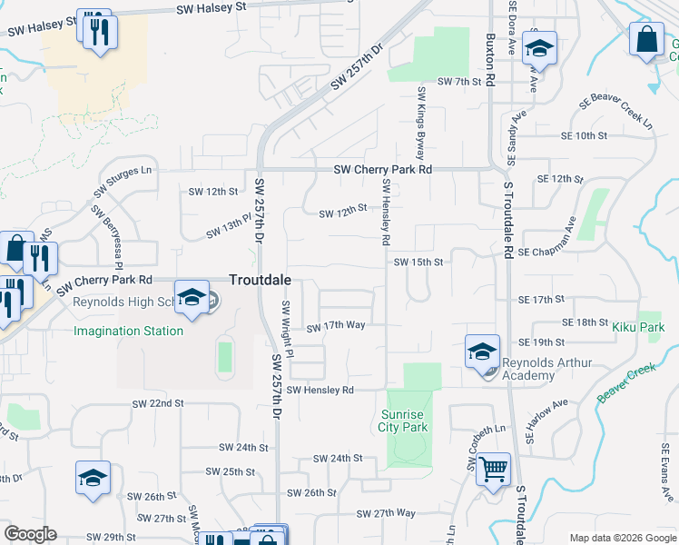 map of restaurants, bars, coffee shops, grocery stores, and more near 802 Southwest 15th Street in Troutdale