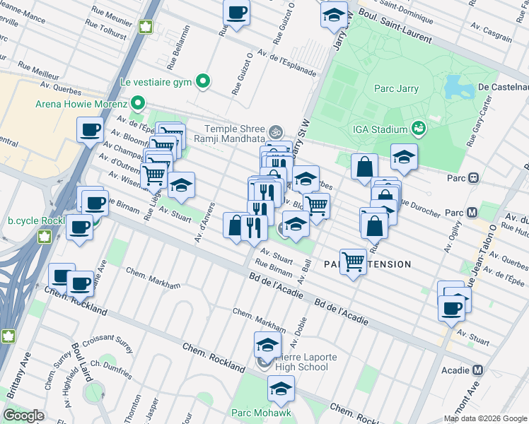 map of restaurants, bars, coffee shops, grocery stores, and more near 781 Rue Jarry Ouest in Montréal