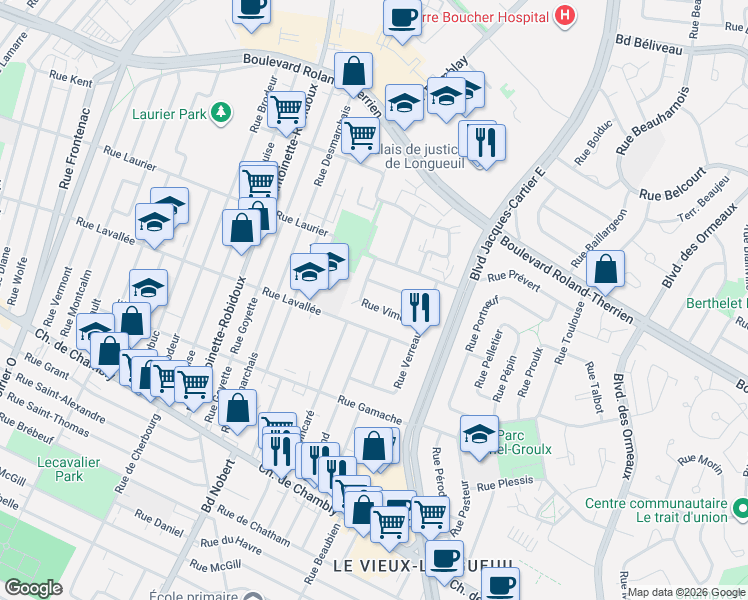 map of restaurants, bars, coffee shops, grocery stores, and more near 2473 Rue Vimont in Longueuil