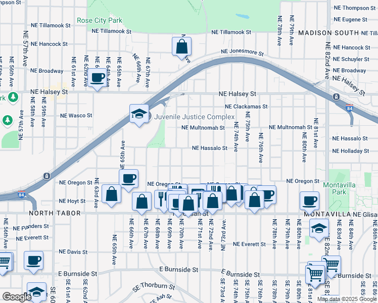 map of restaurants, bars, coffee shops, grocery stores, and more near 7033 Northeast Pacific Street in Portland