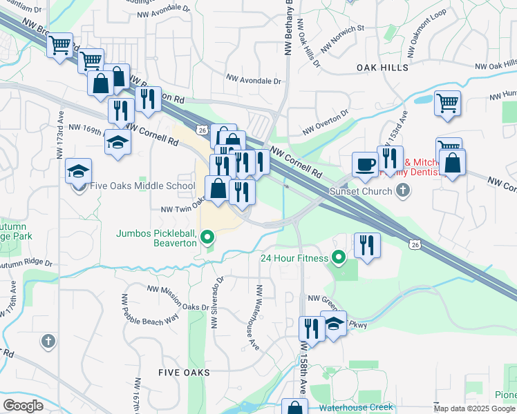 map of restaurants, bars, coffee shops, grocery stores, and more near 1500 Northwest Bethany Boulevard in Beaverton