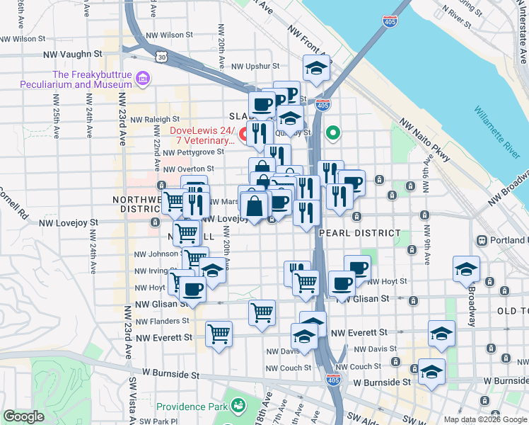map of restaurants, bars, coffee shops, grocery stores, and more near 1829 Northwest Lovejoy Street in Portland