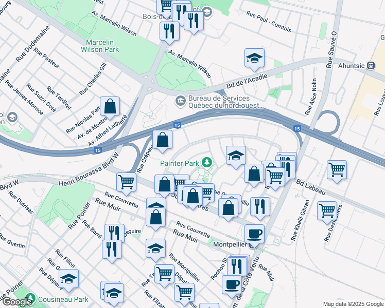 map of restaurants, bars, coffee shops, grocery stores, and more near 227 Rue Varry in Montréal