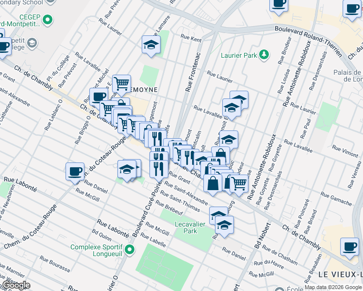 map of restaurants, bars, coffee shops, grocery stores, and more near 75 Rue Vermont in Longueuil