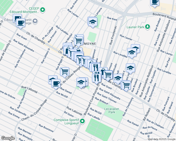 map of restaurants, bars, coffee shops, grocery stores, and more near 1796 Chemin de Chambly in Longueuil