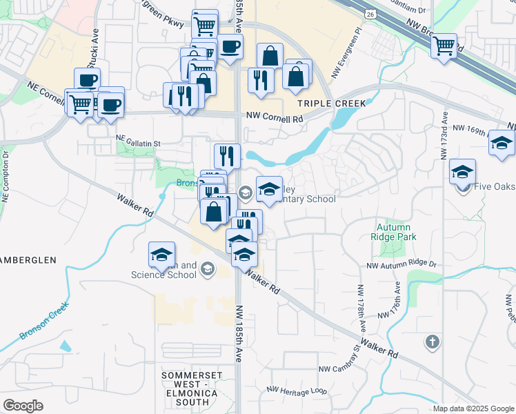 map of restaurants, bars, coffee shops, grocery stores, and more near 1500 Northwest 185th Avenue in Beaverton