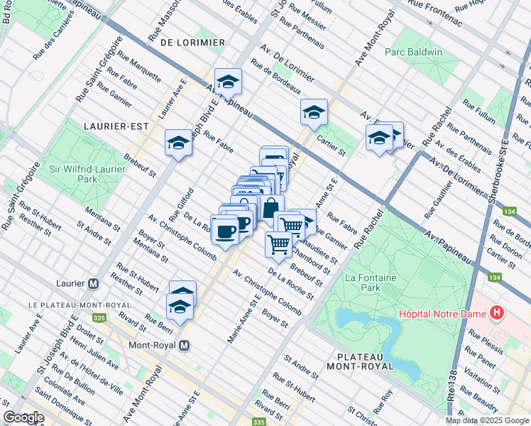 map of restaurants, bars, coffee shops, grocery stores, and more near in Montreal