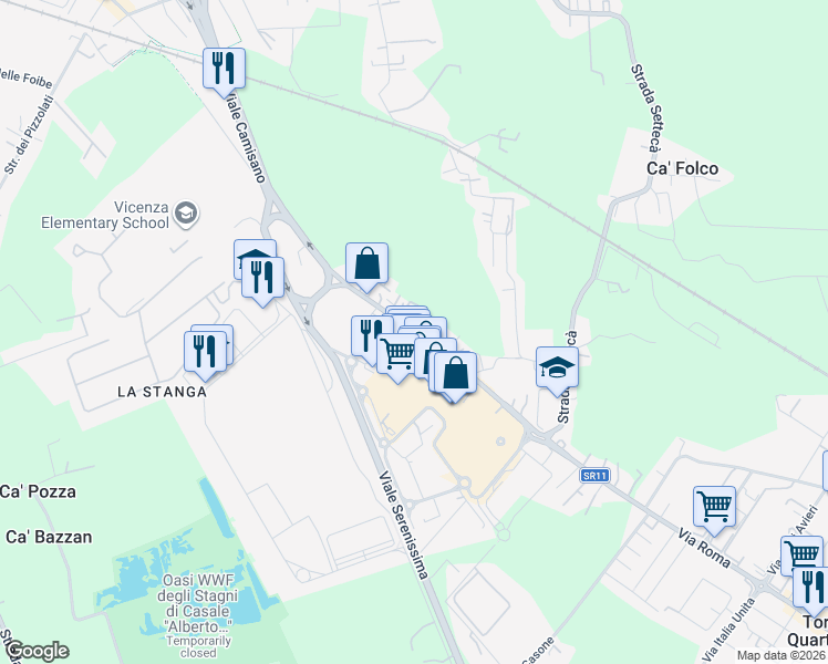 map of restaurants, bars, coffee shops, grocery stores, and more near 60 Strada Padana verso Padova in Vicenza