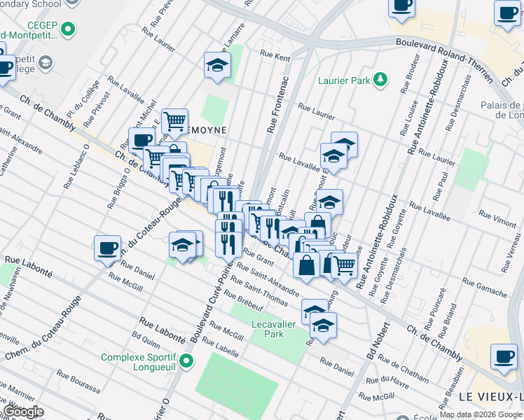 map of restaurants, bars, coffee shops, grocery stores, and more near 75 Rue Vermont in Longueuil