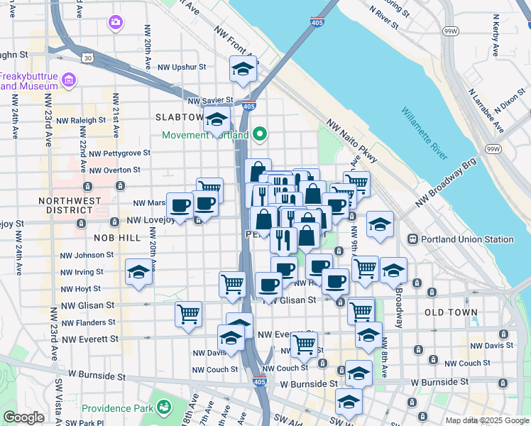 map of restaurants, bars, coffee shops, grocery stores, and more near in Portland