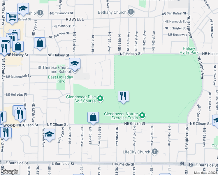 map of restaurants, bars, coffee shops, grocery stores, and more near 13650 Northeast Hassalo Street in Portland