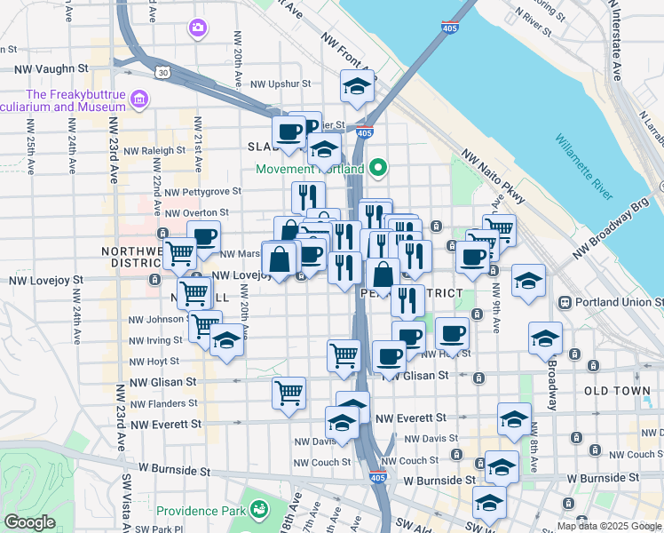 map of restaurants, bars, coffee shops, grocery stores, and more near 1613 Northwest Kearney Street in Portland
