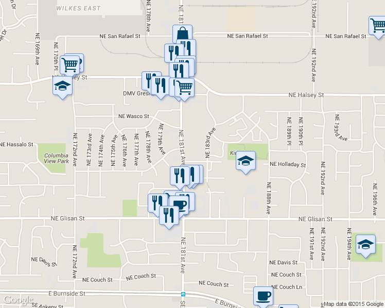 map of restaurants, bars, coffee shops, grocery stores, and more near 900 Northeast 181st Avenue in Portland