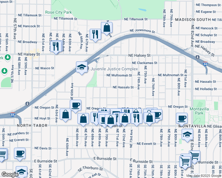 map of restaurants, bars, coffee shops, grocery stores, and more near 7033 Northeast Pacific Street in Portland