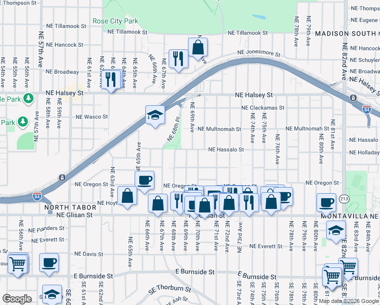 map of restaurants, bars, coffee shops, grocery stores, and more near 6909 Northeast Pacific Street in Portland
