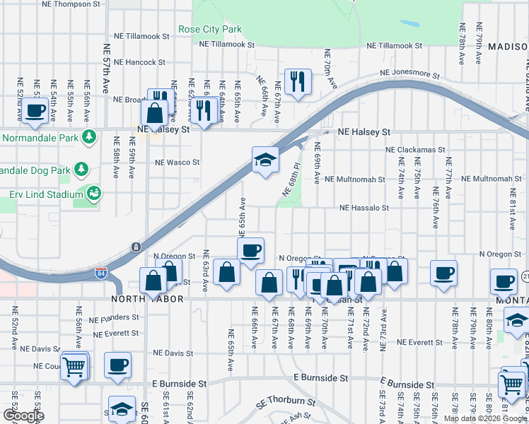 map of restaurants, bars, coffee shops, grocery stores, and more near 6635 Northeast Pacific Street in Portland
