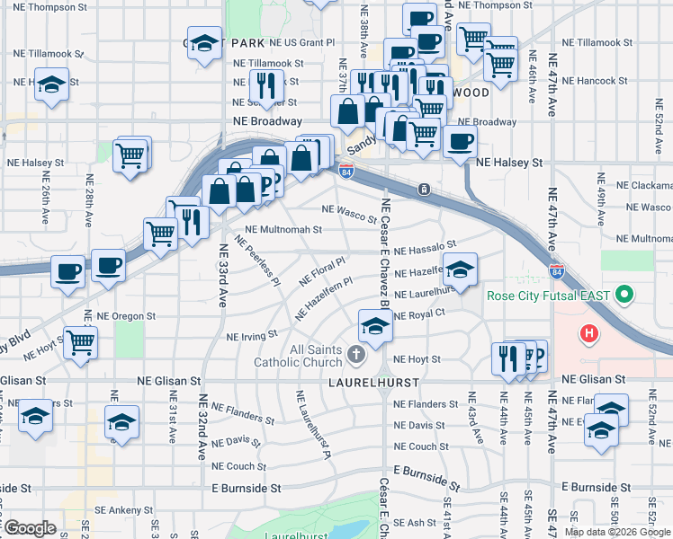 map of restaurants, bars, coffee shops, grocery stores, and more near 912 Northeast Hazelfern Place in Portland