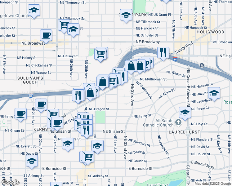 map of restaurants, bars, coffee shops, grocery stores, and more near 3067 Northeast Pacific Street in Portland