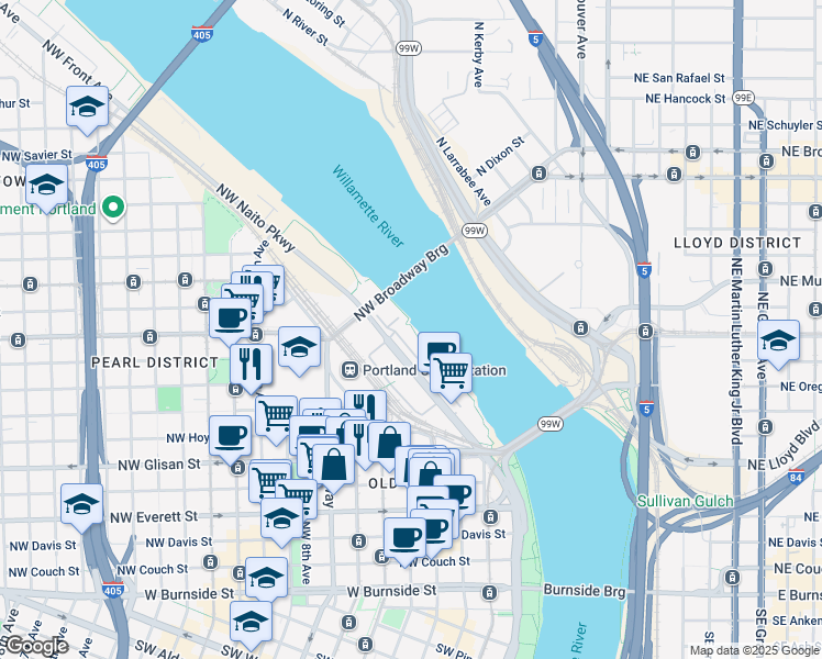 map of restaurants, bars, coffee shops, grocery stores, and more near in Portland