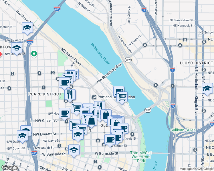 map of restaurants, bars, coffee shops, grocery stores, and more near 1310 Southwest Naito Parkway in Portland