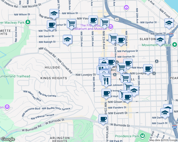 map of restaurants, bars, coffee shops, grocery stores, and more near 2424 Northwest Lovejoy Street in Portland