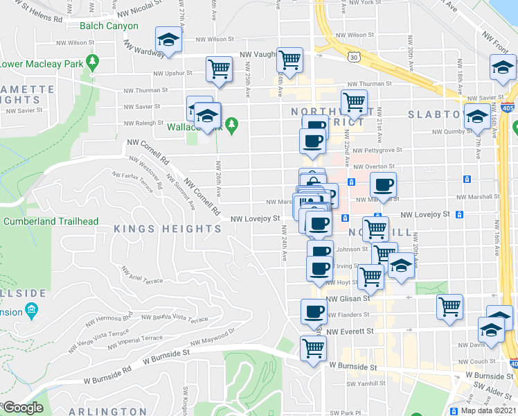map of restaurants, bars, coffee shops, grocery stores, and more near 2424 Northwest Lovejoy Street in Portland