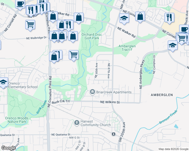 map of restaurants, bars, coffee shops, grocery stores, and more near 1340 Northeast 85th Court in Hillsboro