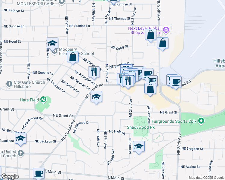map of restaurants, bars, coffee shops, grocery stores, and more near 1778 Northeast Hillaire Court in Hillsboro
