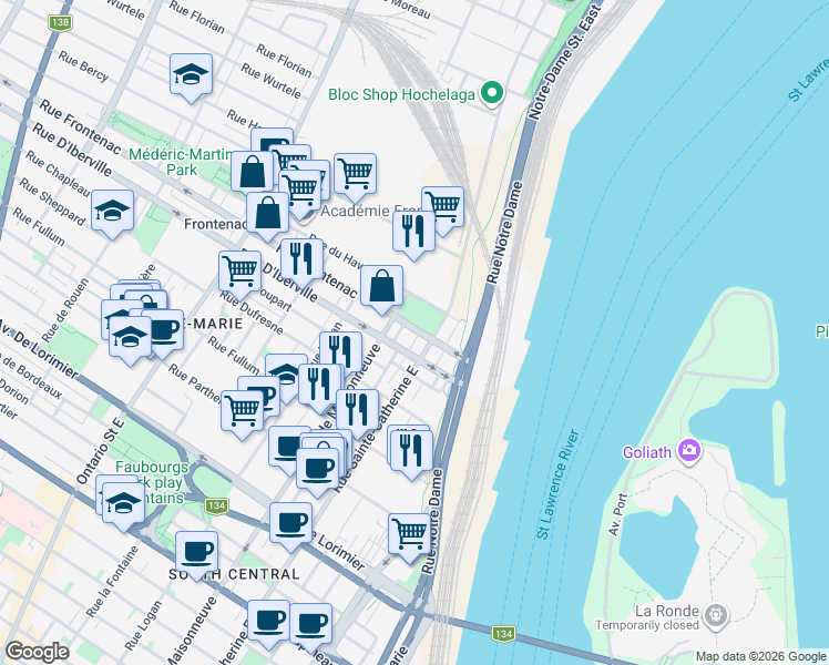 map of restaurants, bars, coffee shops, grocery stores, and more near 1430 Rue Frontenac in Montréal