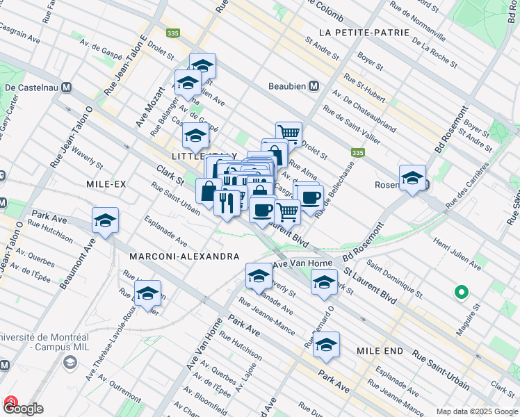 map of restaurants, bars, coffee shops, grocery stores, and more near in Montreal