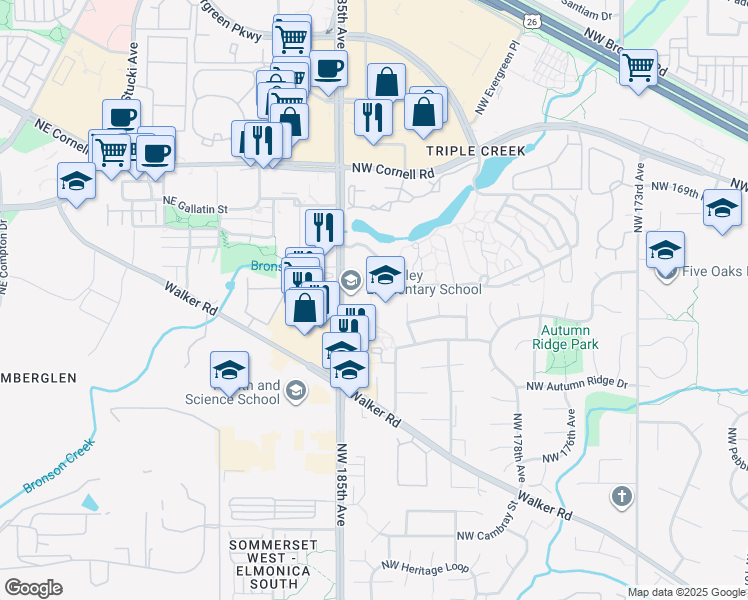 map of restaurants, bars, coffee shops, grocery stores, and more near 1500 Northwest 185th Avenue in Beaverton